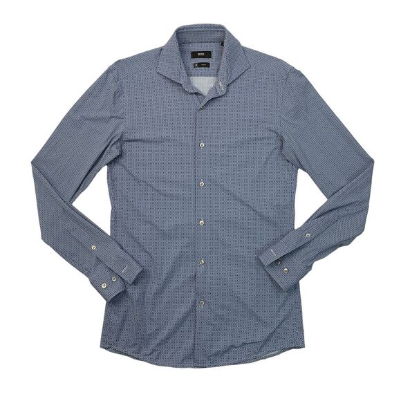 Hugo Boss Shirt Men 15 SLIM Fit Copen Blue Button Up Patterned Stretch Polyamide - Picture 1 of 10
